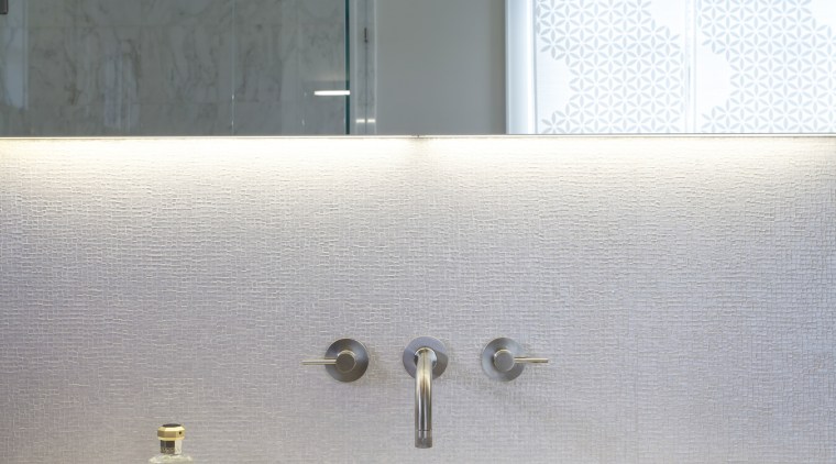 Wall-mounted faucets reinforce the clean, uncluttered look of architecture, bathroom, ceiling, daylighting, interior design, plumbing fixture, product design, room, sink, tap, gray, white
