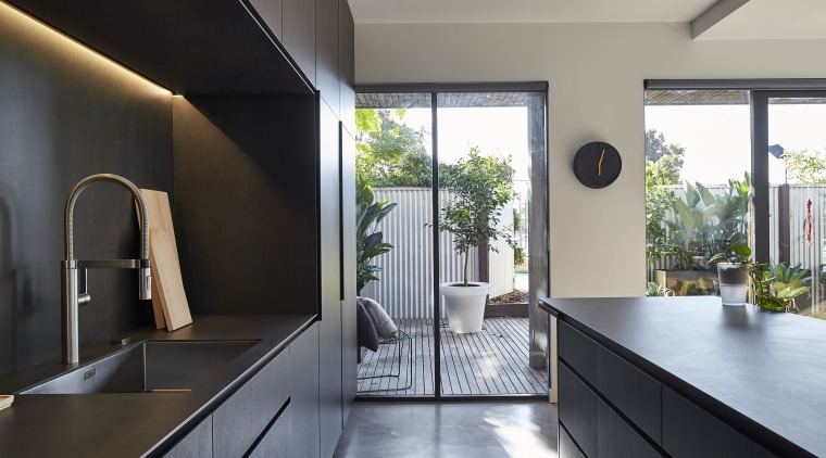 Although the cabinets in this kitchen appear black, architecture, countertop, house, interior design, kitchen, real estate, gray, black