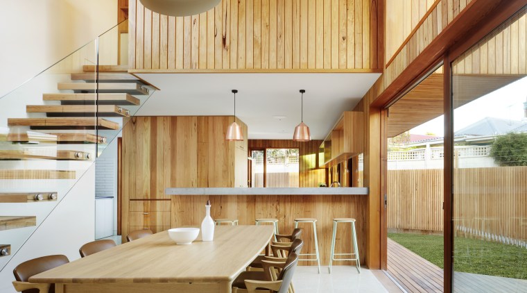 Solid silvertop ash features throughout the interior of architecture, ceiling, daylighting, dining room, house, interior design, real estate, wood, white, orange