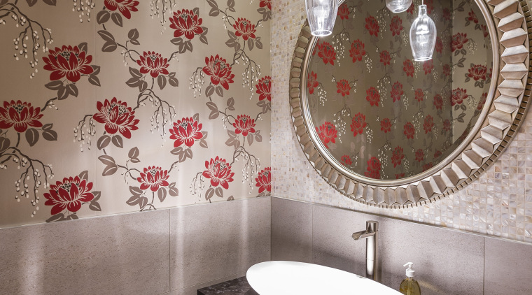 Shell mosaics and crystal elements in the brown bathroom, ceiling, ceramic, floor, flooring, interior design, room, tile, wall, brown, gray