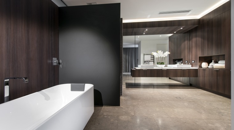 Wood and glass a timber veneer wall architecture, bathroom, countertop, floor, flooring, interior design, product design, room, sink, tile, gray, black
