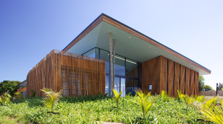 Landscaping around the new Waiheke library, Waiheke architecture, cottage, facade, farmhouse, grass, home, house, hut, property, real estate, shed, sky, wood, teal