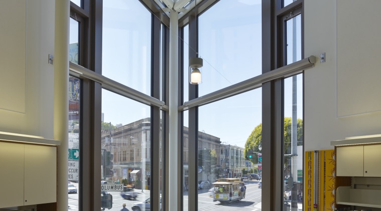 The fully glazed end of the triangular-shaped North apartment, building, daylighting, institution, interior design, library, real estate, window, gray