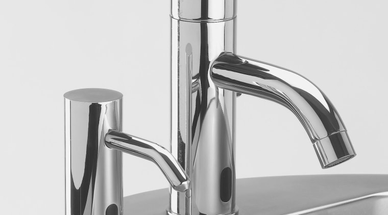 Zoom electronic faucets from Lacava automatically turn on hardware, plumbing fixture, product, product design, small appliance, tap, white, gray