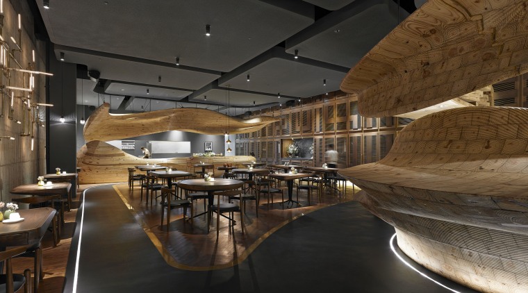 In Raw restaurant in Taipei, a large wood architecture, ceiling, interior design, restaurant, black, brown