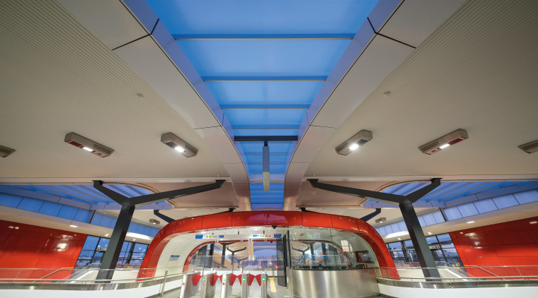 Blue Danpalon skylights link the two roofs of architecture, ceiling, daylighting, gray