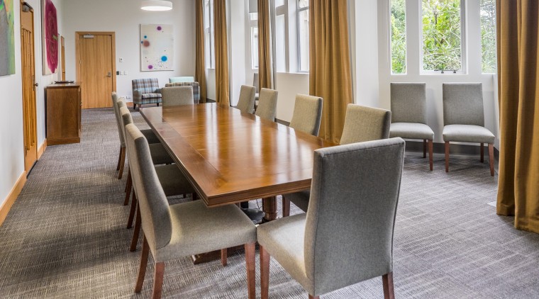 Acoustic solutions for the renovated ClockTower Building at chair, conference hall, dining room, floor, flooring, furniture, interior design, real estate, room, table, gray