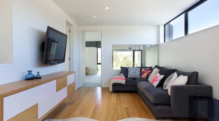 he living areas in this contemporary house include architecture, ceiling, floor, house, interior design, living room, property, real estate, room, gray