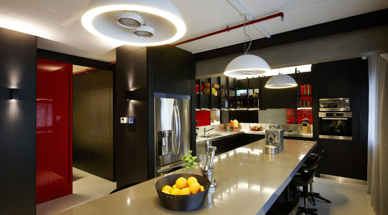 Black powdercoated aluminium ribs support dark veneer shelves countertop, interior design, kitchen, black