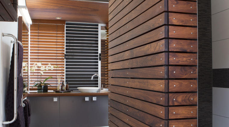 Timber slats stained in Resene Colorwood Mahogany bring architecture, cabinetry, ceiling, floor, flooring, hardwood, interior design, wall, wood, wood stain, brown