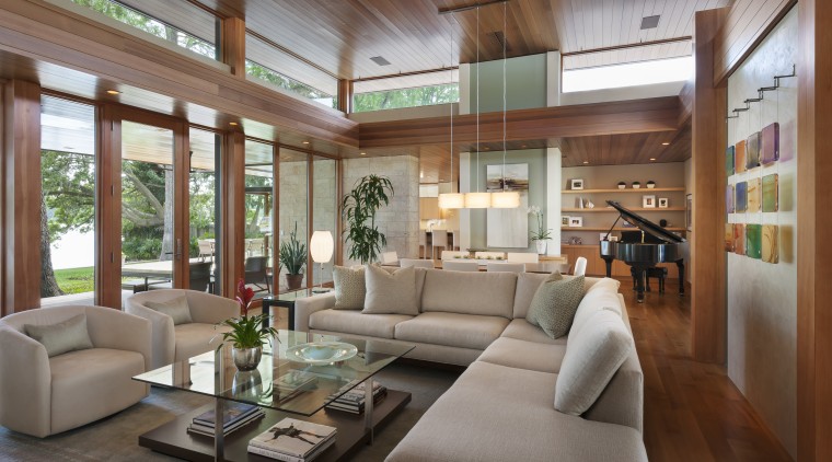 Coral stone is teamed with cedar wood, both ceiling, home, house, interior design, living room, real estate, brown, gray