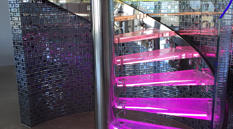Clear glass spiral balustrade by Glasshape - Clear architecture, glass, light, lighting, purple, structure, black