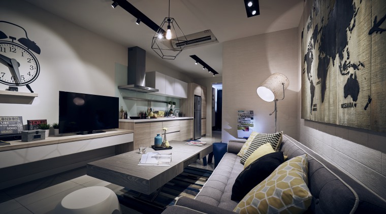 Nothing has been overlooked in the design of ceiling, home, interior design, living room, room, gray, black