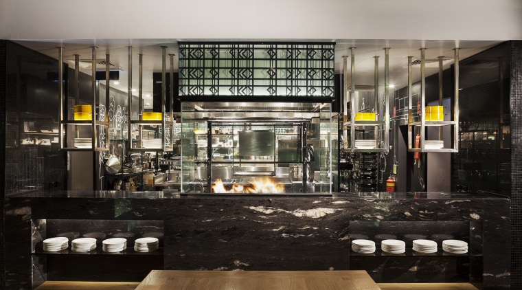 The open kitchen in the new DoubleTree by black, gray