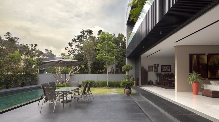 Opening up large glazed panels allows a seamless architecture, condominium, estate, home, house, property, real estate, residential area, white, gray