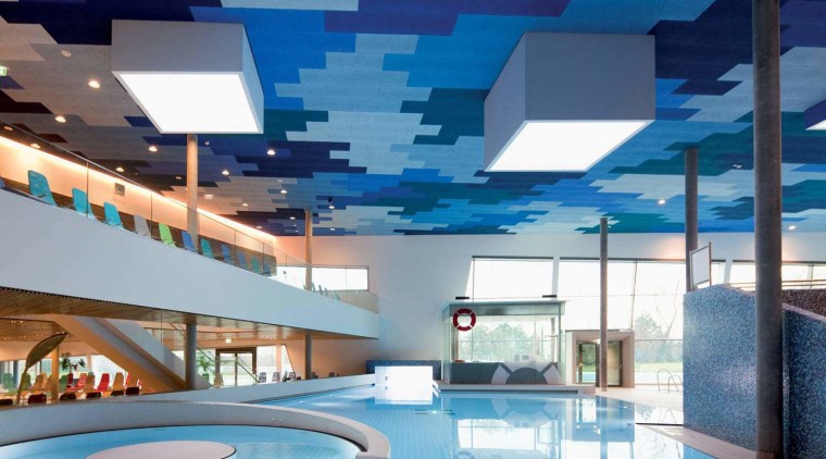 Heradesign acoustic wood wool panels from Potter Interior apartment, architecture, ceiling, condominium, daylighting, interior design, leisure, leisure centre, lobby, property, real estate, swimming pool, blue