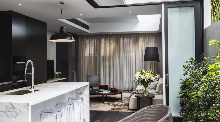 A new kitchen and open-air central courtyard are architecture, backyard, courtyard, daylighting, home, house, interior design, living room, patio, real estate, gray