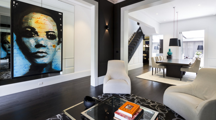 Black living room walls, stained oak floors and interior design, living room, property, room, black, gray