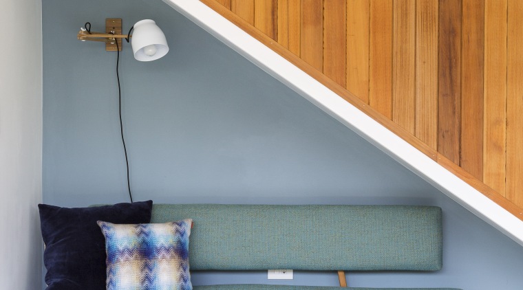 Light under the stairs  Resene Blue Bayoux floor, flooring, furniture, hardwood, interior design, product, product design, shelf, shelving, table, wall, wood, gray, orange