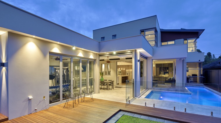 Indoor-outdoor flow and generous living spaces are features architecture, backyard, elevation, estate, facade, home, house, property, real estate, residential area, roof, swimming pool, villa, window, blue