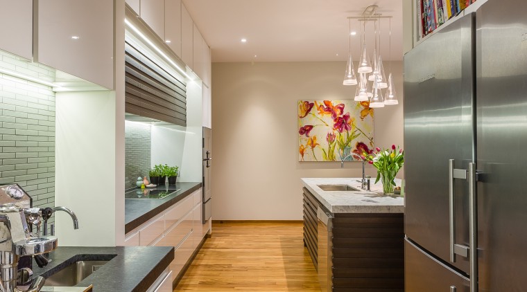 Beside marrying a number of textures and colours, architecture, ceiling, countertop, daylighting, floor, hardwood, interior design, kitchen, real estate, room, brown, orange, gray