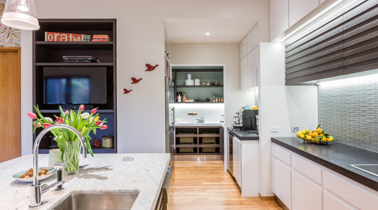 This walk-in pantry continues the two-tone theme of countertop, interior design, kitchen, real estate, gray