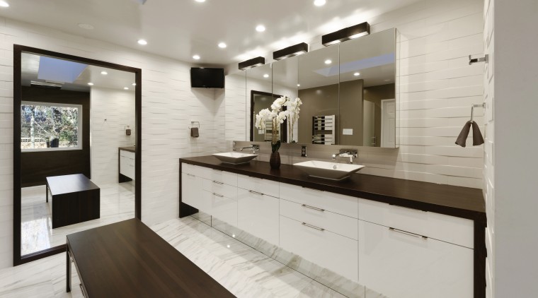 In this master bathroom project, a large mirror cabinetry, countertop, cuisine classique, interior design, kitchen, real estate, room, sink, gray