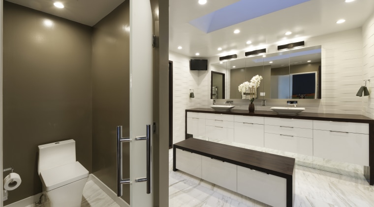 In this bathroom, two u-shaped drawers below the bathroom, interior design, kitchen, real estate, room, gray, brown