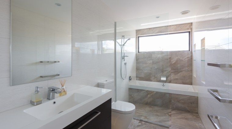 This main upstairs bathroom has a large-format porcelain architecture, bathroom, home, interior design, property, real estate, room, sink, gray