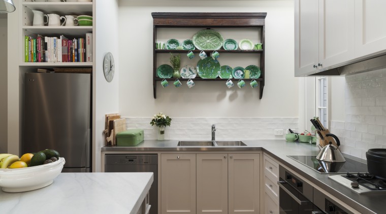 White undulating tiles on the splashback add brightness cabinetry, countertop, cuisine classique, home, home appliance, interior design, kitchen, room, gray, white