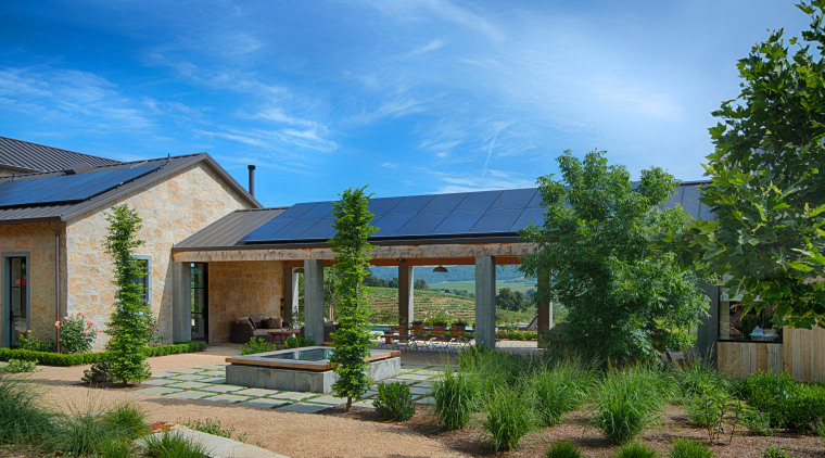 A breezeway section of this new hillside home architecture, cottage, elevation, estate, facade, home, house, landscape, property, real estate, residential area, sky, villa, teal