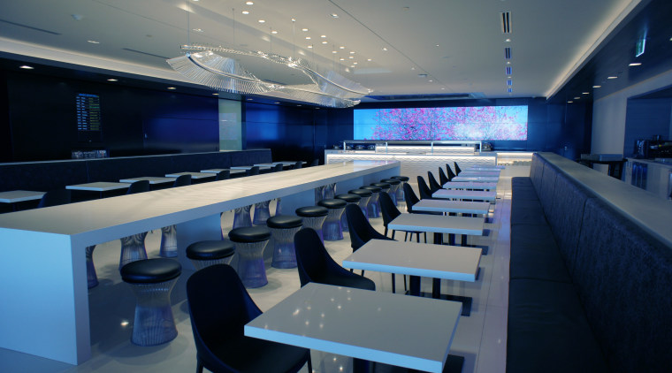 Feature spaces in Air New Zealands new International auditorium, conference hall, interior design, blue, gray