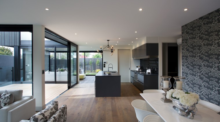 Indoors blur with outdoors in this living, dining, apartment, architecture, ceiling, estate, floor, home, house, interior design, living room, property, real estate, window, gray