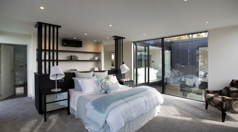 This master bedroom commands open yet private views architecture, bedroom, ceiling, estate, floor, home, house, interior design, property, real estate, room, window, gray