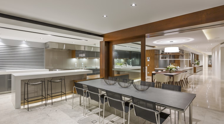 An extended view runs right through this upmarket architecture, countertop, house, interior design, kitchen, real estate, gray