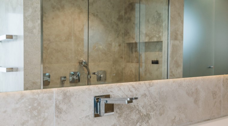 The long, floating wall mirror and glass-fronted shower bathroom, countertop, floor, interior design, plumbing fixture, room, sink, tap, tile, wall, gray