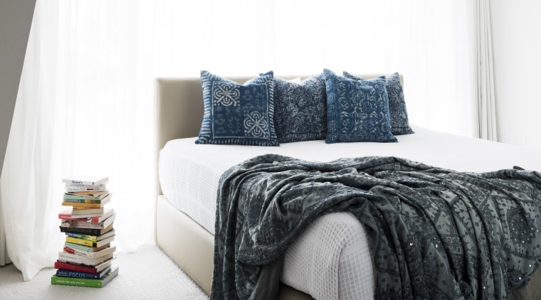The owners wanted light and views and wardrobe bed, bed frame, bedroom, duvet cover, floor, flooring, furniture, home, interior design, mattress, room, textile, wall, white