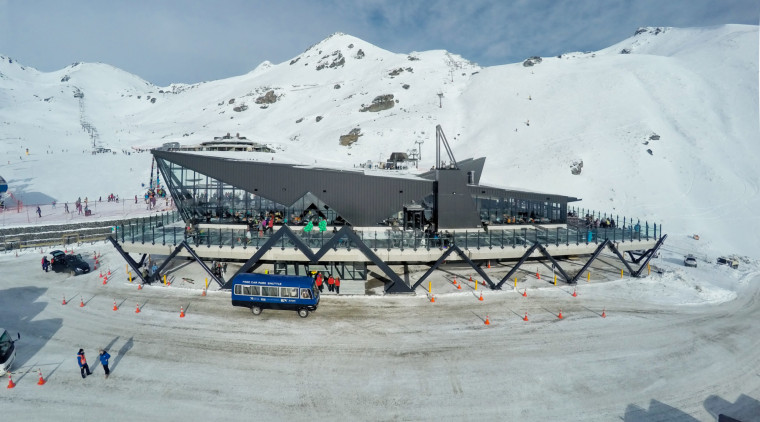 The new Remarkables Base Building by architect Michael alps, arctic, cloud, geological phenomenon, glacial landform, glacier, ice, mountain, mountain range, piste, sky, snow, winter, winter sport, gray
