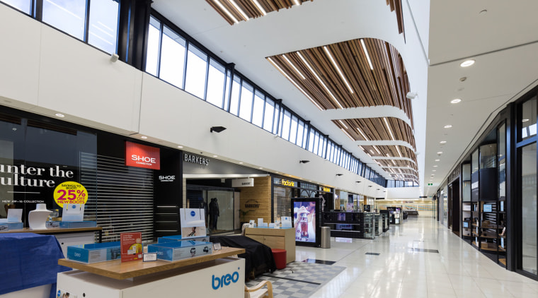 Clerestory windows run the length of the North daylighting, interior design, shopping mall, gray