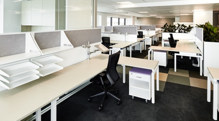 Commercial furniture specialist Crestline supplied the furniture and desk, floor, flooring, furniture, interior design, office, product design, white, black