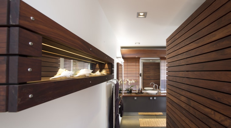 Macrocarpa battens on a custom shelving unit to architecture, ceiling, daylighting, interior design, lobby, real estate, wood, gray, red