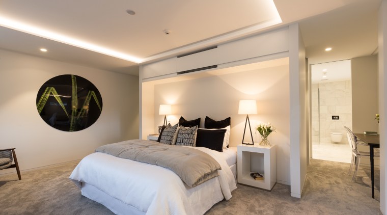 The ceilings in this upmarket apartment are enhanced bedroom, ceiling, estate, home, interior design, real estate, room, gray