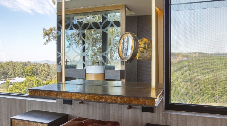 Antique Tuscan glass sandwiched between Corian sheets forms architecture, home, house, interior design, window, brown