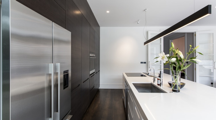 For the chefs eyes only the rear of architecture, countertop, house, interior design, kitchen, white, gray, black