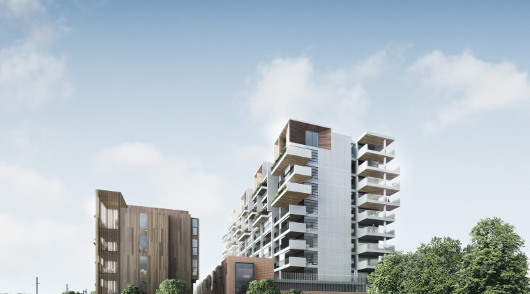This perspective of Wynyard Central illustrates the variety apartment, architecture, building, campus, cloud, condominium, corporate headquarters, daytime, grass, house, metropolitan area, mixed use, neighbourhood, real estate, residential area, sky, suburb, tower block, urban design, white