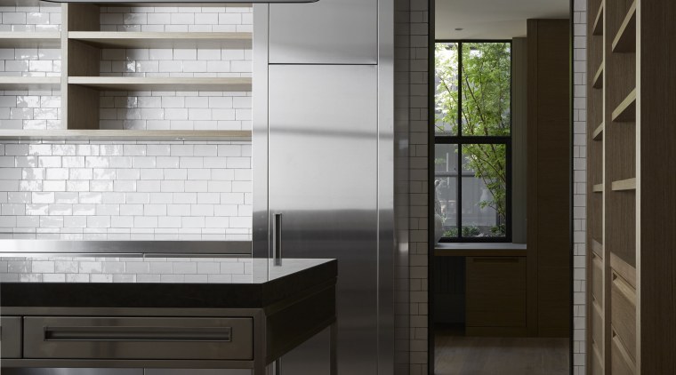 Stainless steel, textured white tile and wood joinery architecture, daylighting, floor, house, interior design, wood, black, gray