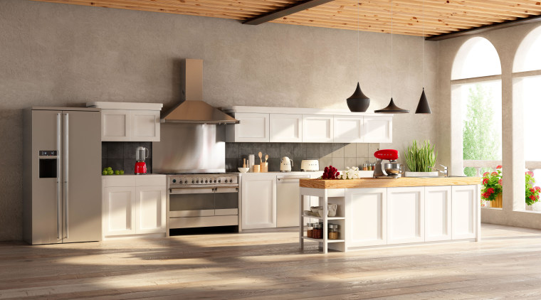 Designed with the look of a stylish piece countertop, cuisine classique, floor, flooring, interior design, kitchen, white, brown
