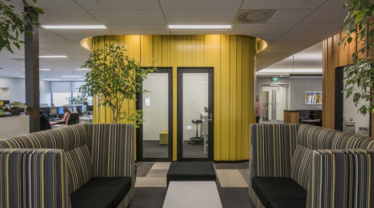 Beam me up this bright yellow pod appears interior design, lobby, gray, black
