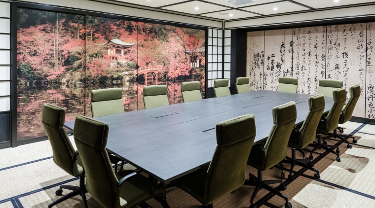 Japanese Edo-period architecture comes to life in the conference hall, dining room, furniture, interior design, table, black, gray