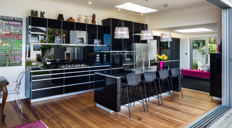 Even the splashback and countertop are in black flooring, interior design, kitchen, real estate, gray, black